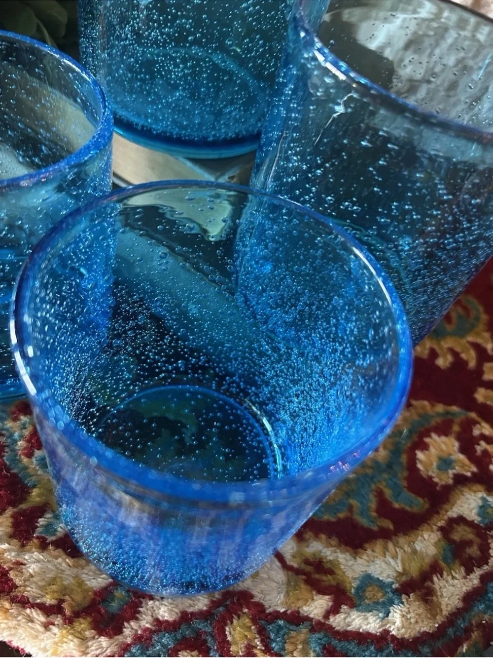 4 ARTLAND Iris Turquoise Double Old-Fashioned Glasses Seeded Bubbles Handcrafted